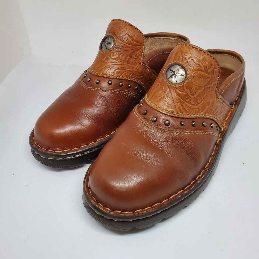 Double H Leather Clogs Mules Slides Tooled Studded Star Concho Womens 5.5 Shoes